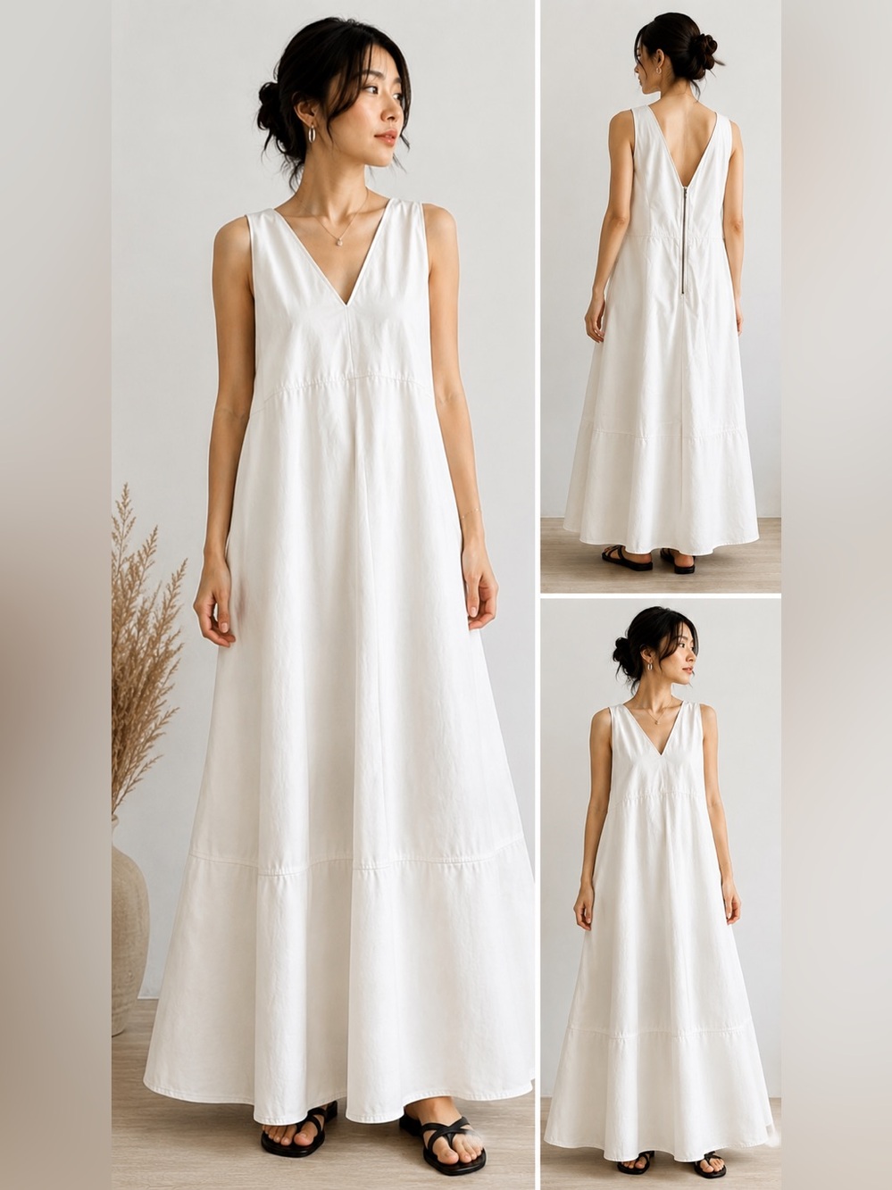 Japanese Minimalist White Maxi Dress Fits M-XL Oversized Pockets